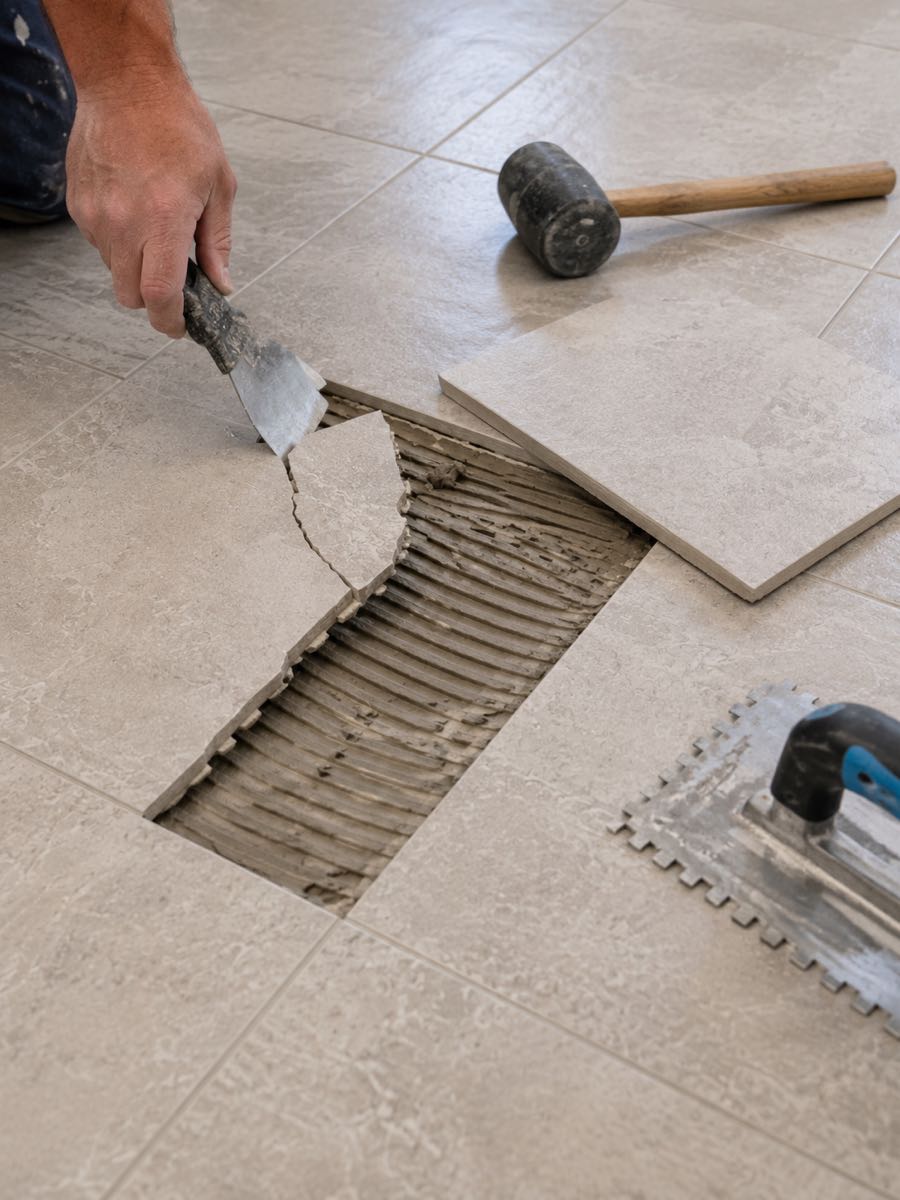 close-up of a floor repair in progress
